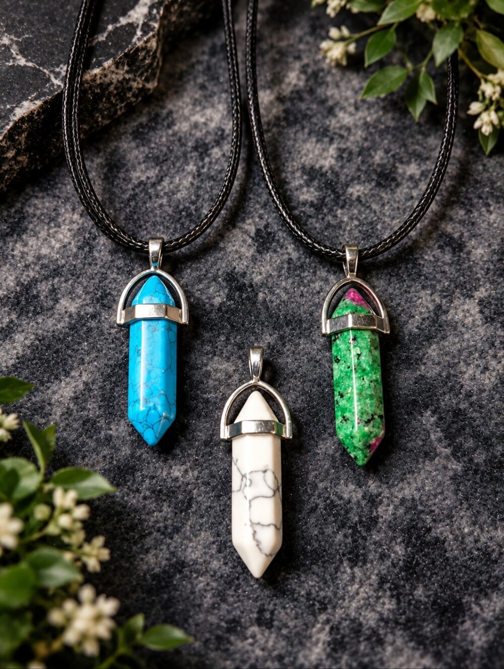 3 Crystal Point Pendant Bundle + 2 Black Cord Necklaces Boho Witchy Y2K CC